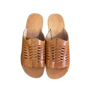 Men's Tan Leather Woven Slide Sandals